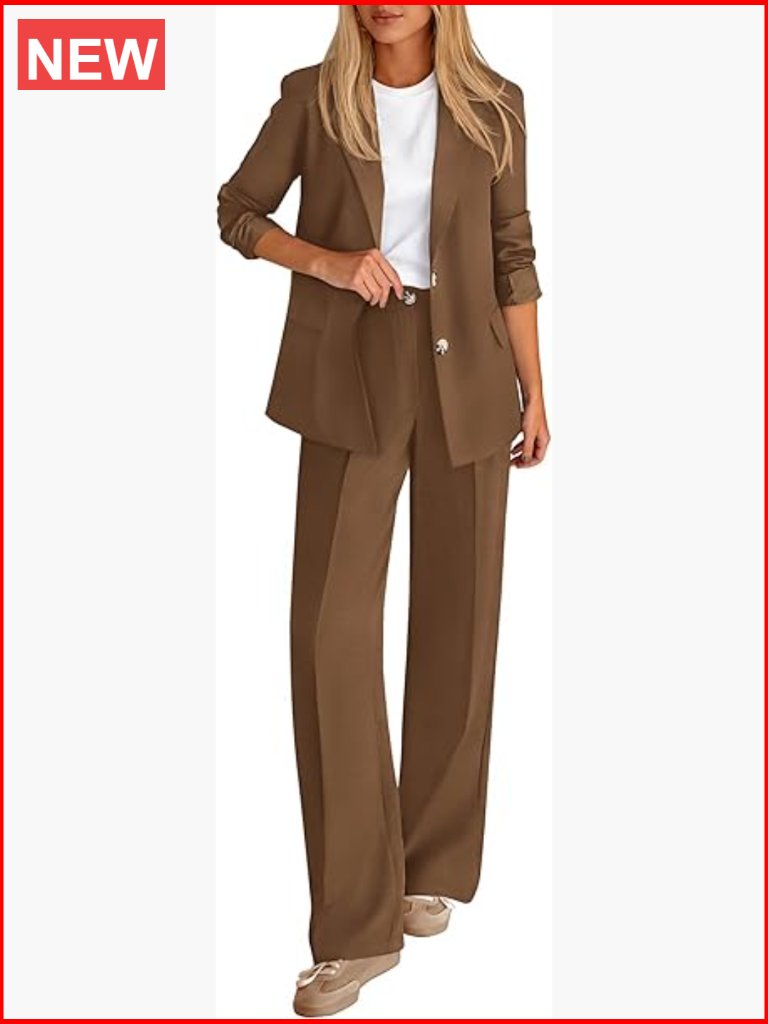 Women's Business Casual Blazer And Wide Leg Pants Suit Set